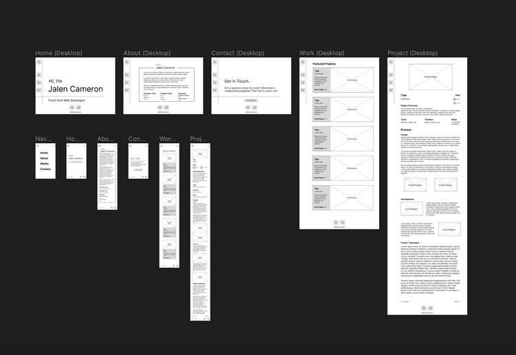 Wireframes for both my desktop and mobile versions of my portfolio