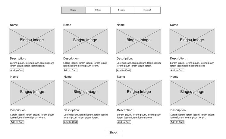 Wireframes of the online ordering menu